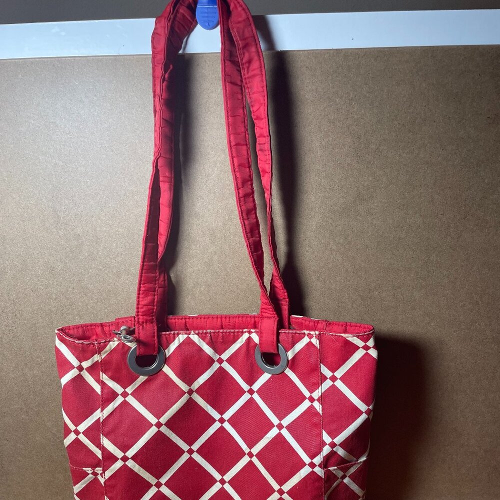 Red Lattice Print Tote Bag, Lightweight Everyday Shoulder Bag